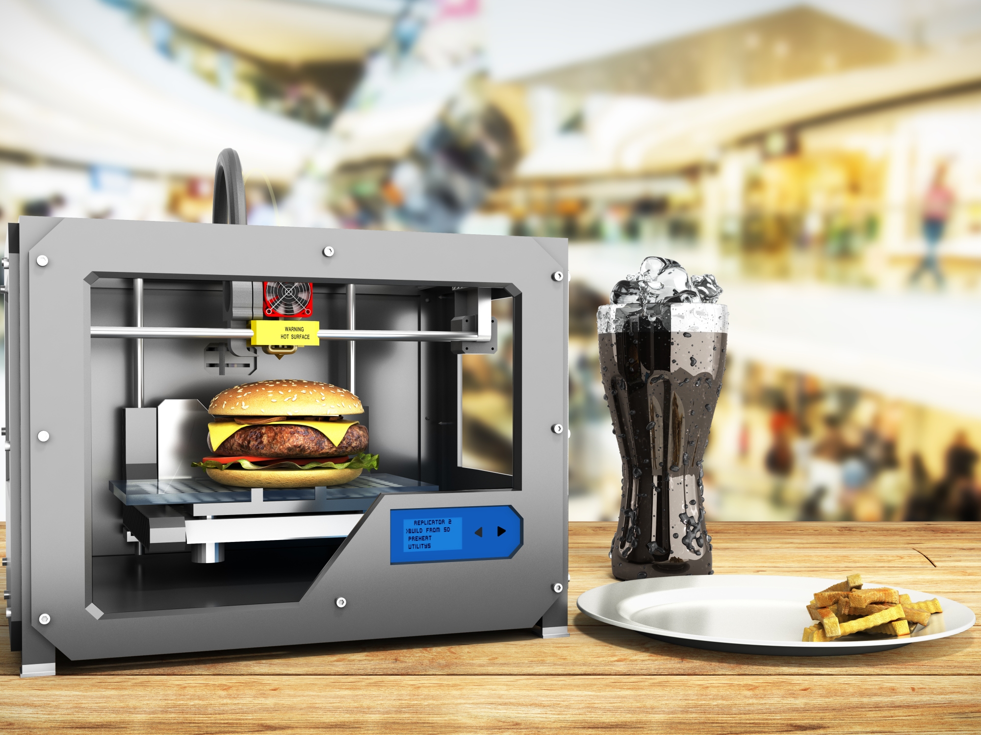 Burger being 3D printed in a shopping mall