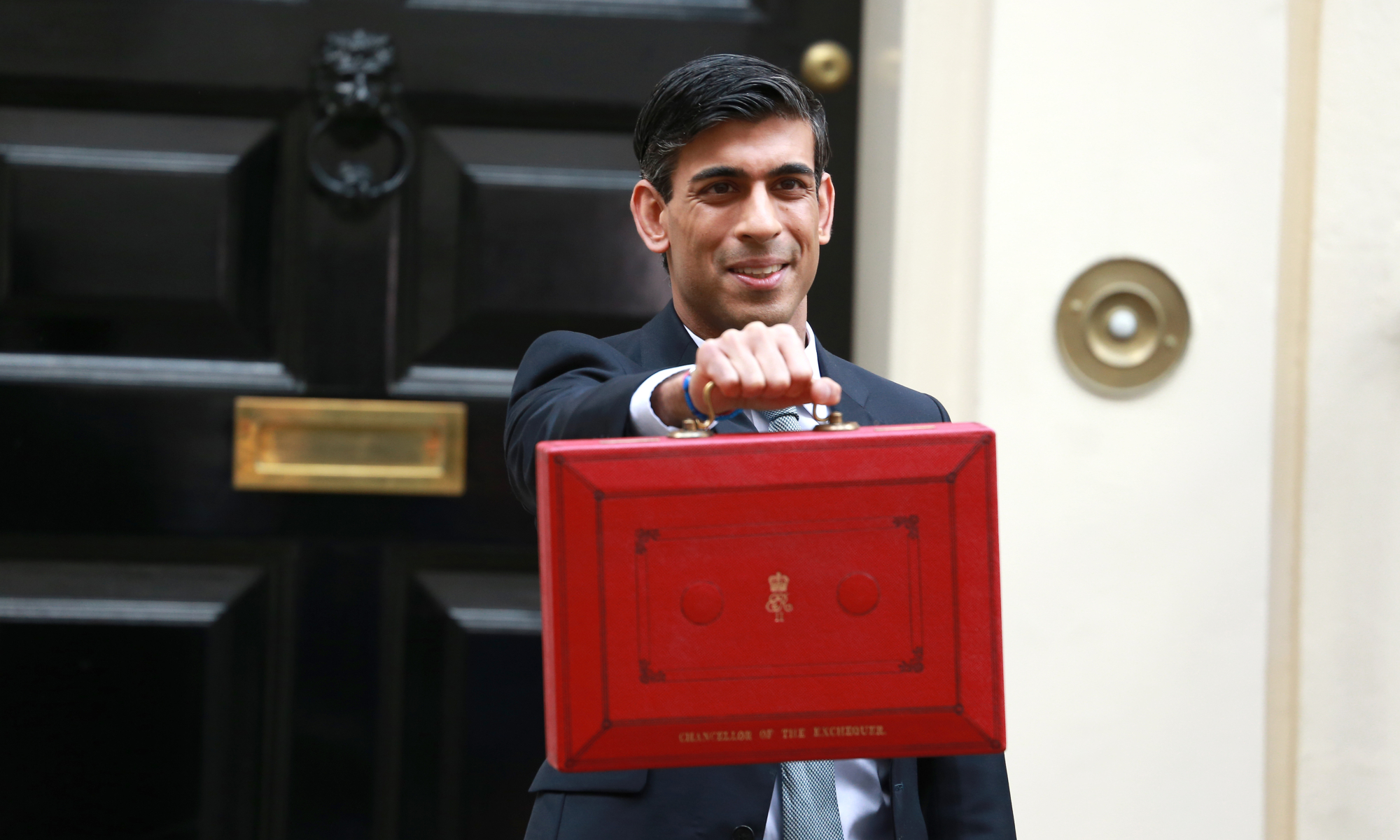 Rishi Sunak chancellor of the exchequer standing with the red budget briefcase